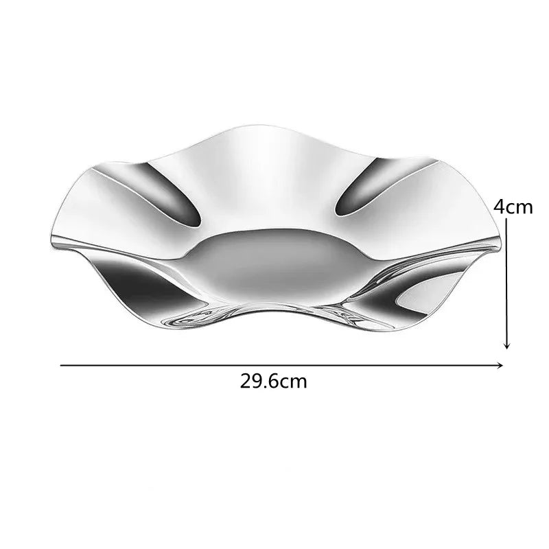 Deluxe Silver Stainless Steel Fruit Tray, Wavy Art Tray, Living Room Table Storage Box, Stainless Steel Decorative Tableware