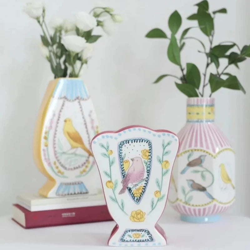 Nightingale Rose Ceramic Vase Prosperous Peach Blossom Double sided Hand drawn Vase Home Office Exquisite Decoration Bird Vase