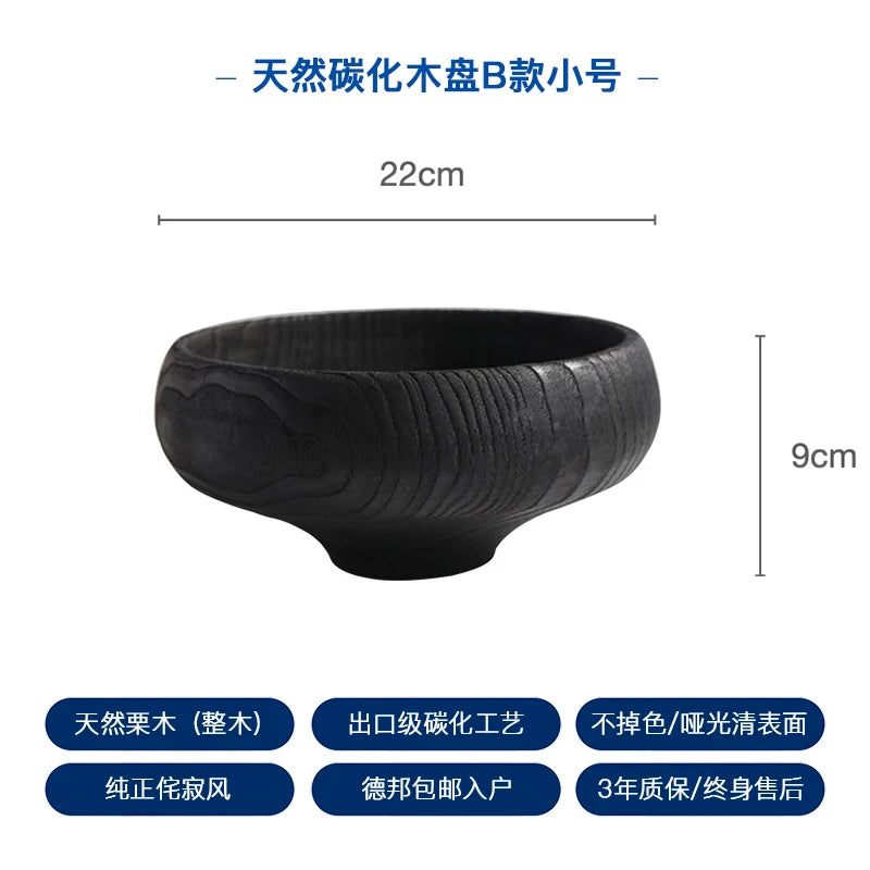 Wabi Sabi Charred Wood Tray Black Fruit Bowl Minimalist Display Platter for Hotel Rustic Storage Tray for Living Room Decoration