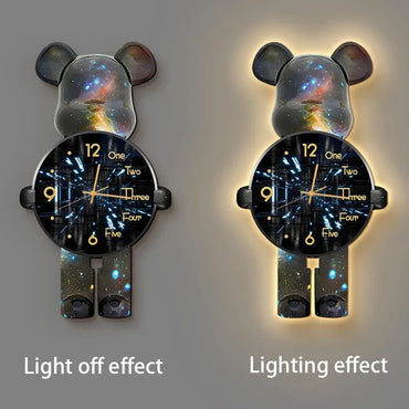 Trendy Bear Wall Clocks Living Room Led Light Wall Clocks Hanging Painting Modern Clock Luxury Entrance Clock Cartoon Brief