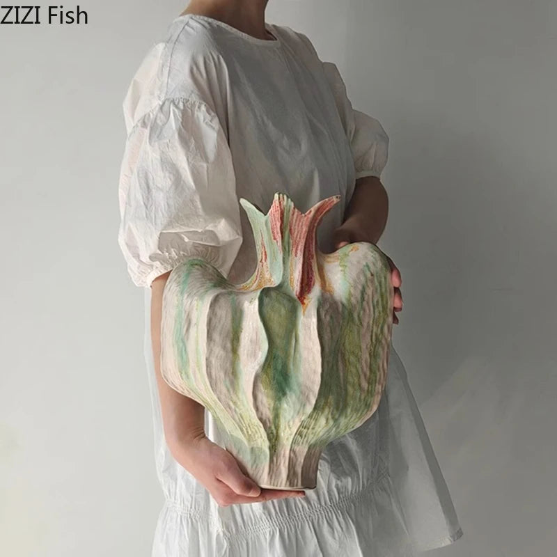 Flower Bud Shape Ceramic Vase Creative Painted Plant Pots Table Decoration Flowers Arrangement Floral Vases Room Aesthetic Decor