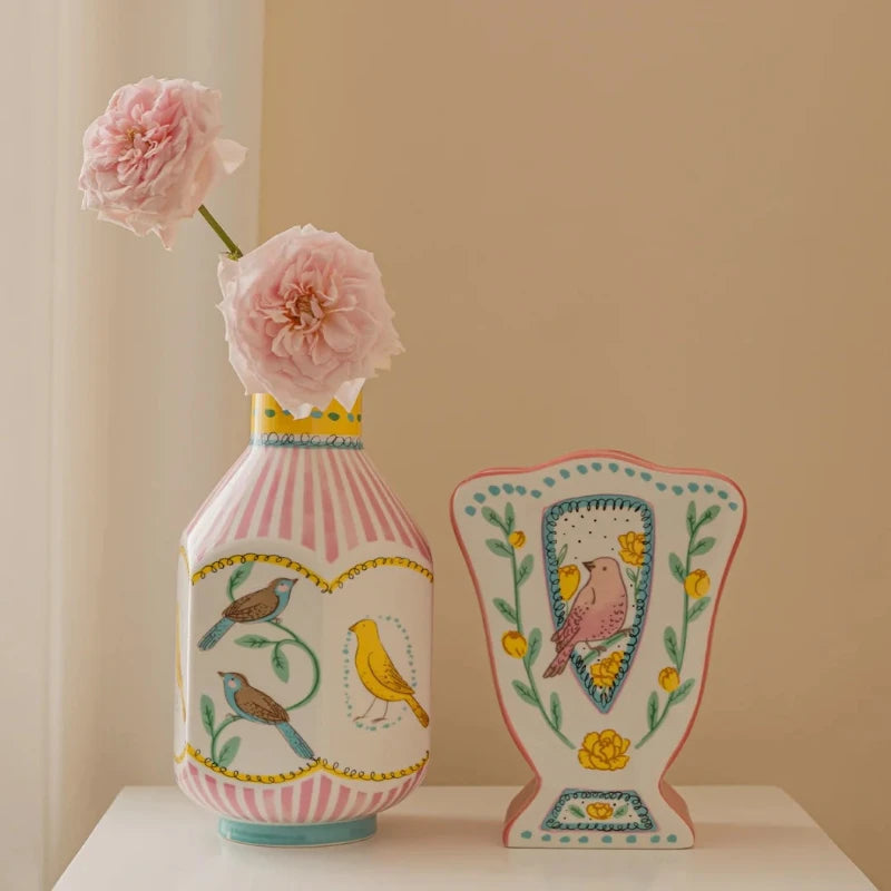 Nightingale Rose Ceramic Vase Prosperous Peach Blossom Double sided Hand drawn Vase Home Office Exquisite Decoration Bird Vase