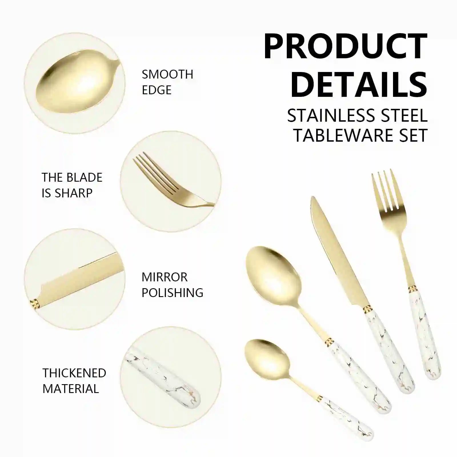 Flatware Set Gold Cutlery Set Stainless Steel Tableware Set Gold White Mirror Polished Cutlery Set for Home Restaurant