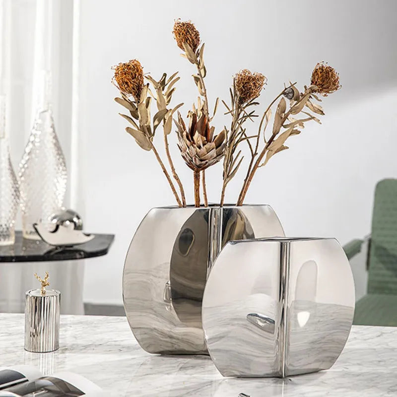 Nordic Minimalist Living Room Decoration, Flower Arrangement, Stainless Steel Belly Vase, Home Desktop Decoration Ornament Vase