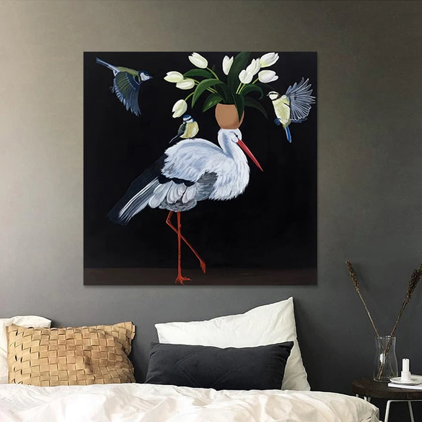 Canvas Artwork, Abstract Design Bird Oil Paintings, Frameless, Flowers Art Picture, Aesthetics Rooms Wall Decoration, Handmade