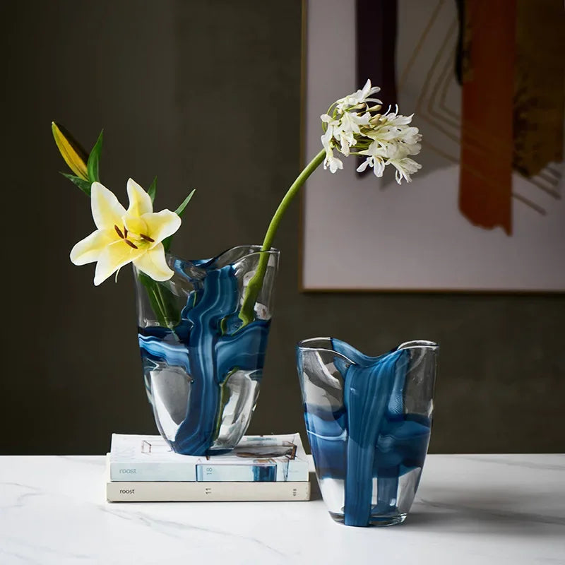 Nordic Style Handmade Transparent Pleated Blue Phoenix Tail Glass Vase Flower Table Model Room Living Room Decoration Flower Pot