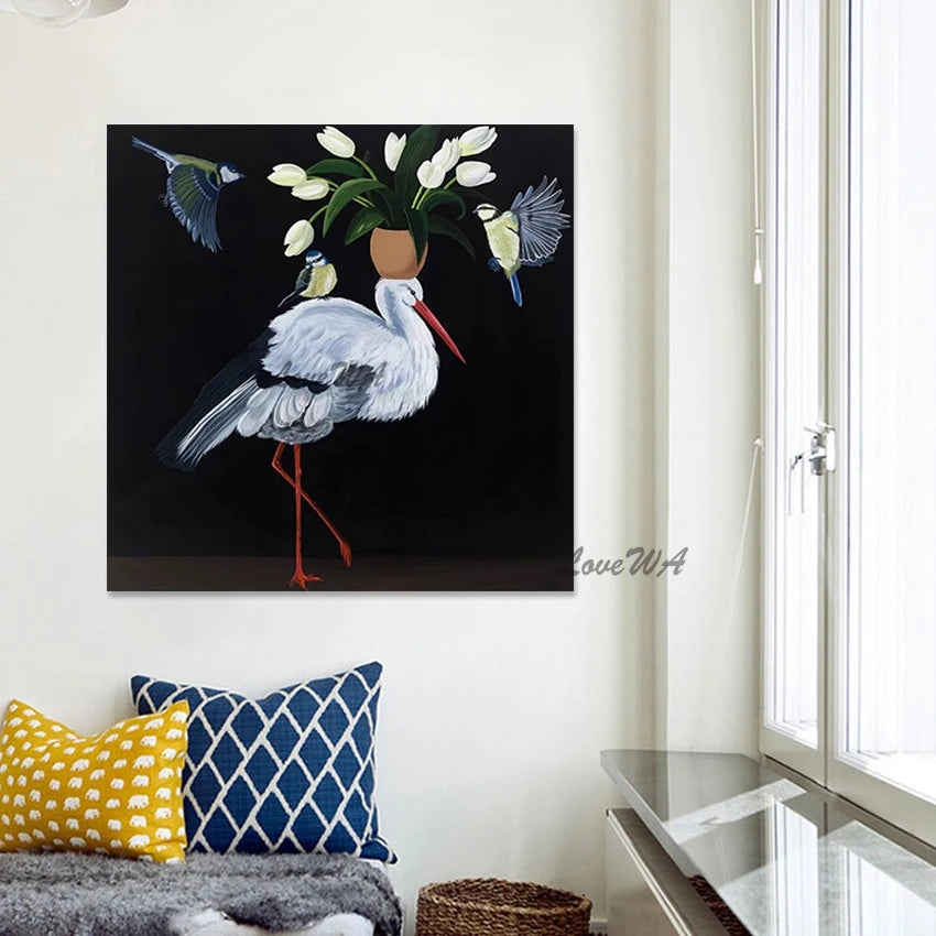 Canvas Artwork, Abstract Design Bird Oil Paintings, Frameless, Flowers Art Picture, Aesthetics Rooms Wall Decoration, Handmade