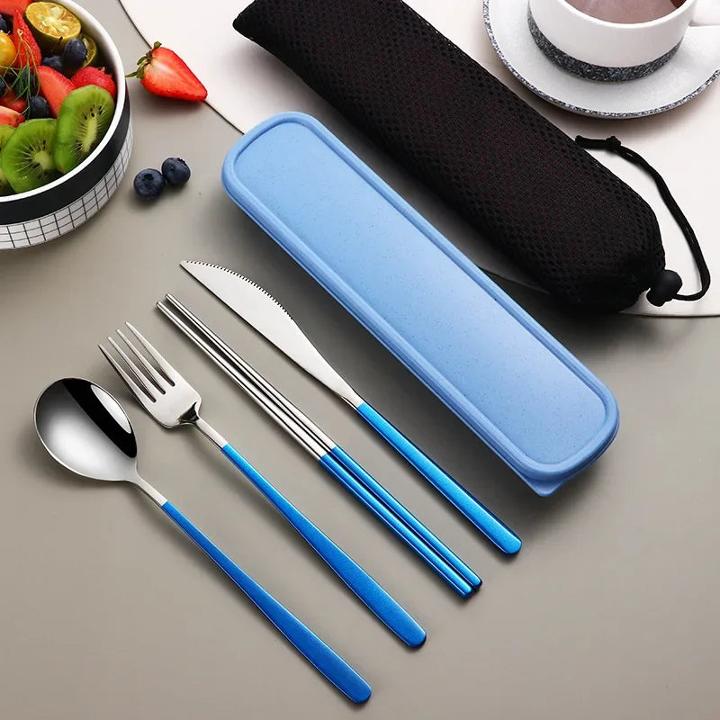 Portable Travel Utensils Set with Case Stainless Steel Knife Forks Spoons Chopsticks for Lunch Box Office Picnic Dinnerware Use