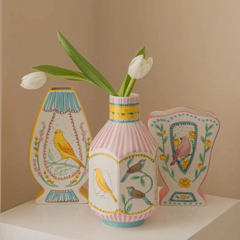 Nightingale Rose Ceramic Vase Prosperous Peach Blossom Double sided Hand drawn Vase Home Office Exquisite Decoration Bird Vase