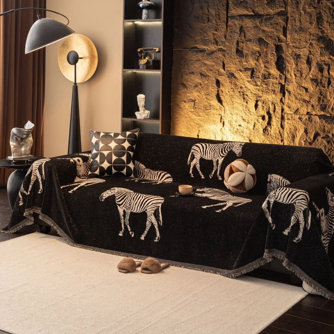 1PC New Zebra Jacquard Shiny Chenille Sofa Towel, All-Season Fringe Tassel Couch Blanket, Living Room Decor Sofa Cover