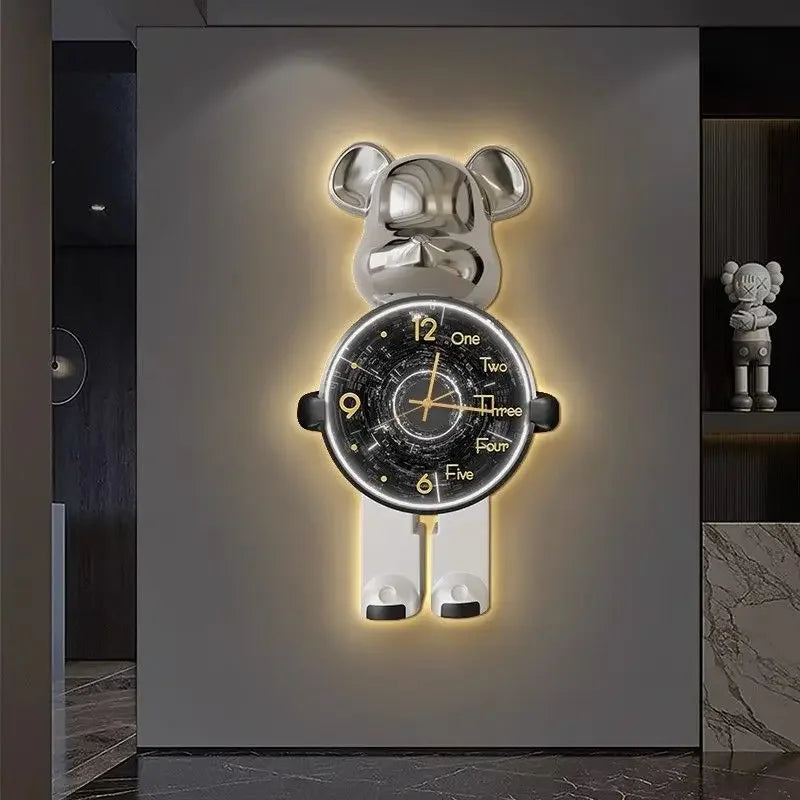Trendy Bear Wall Clocks Living Room Led Light Wall Clocks Hanging Painting Modern Clock Luxury Entrance Clock Cartoon Brief