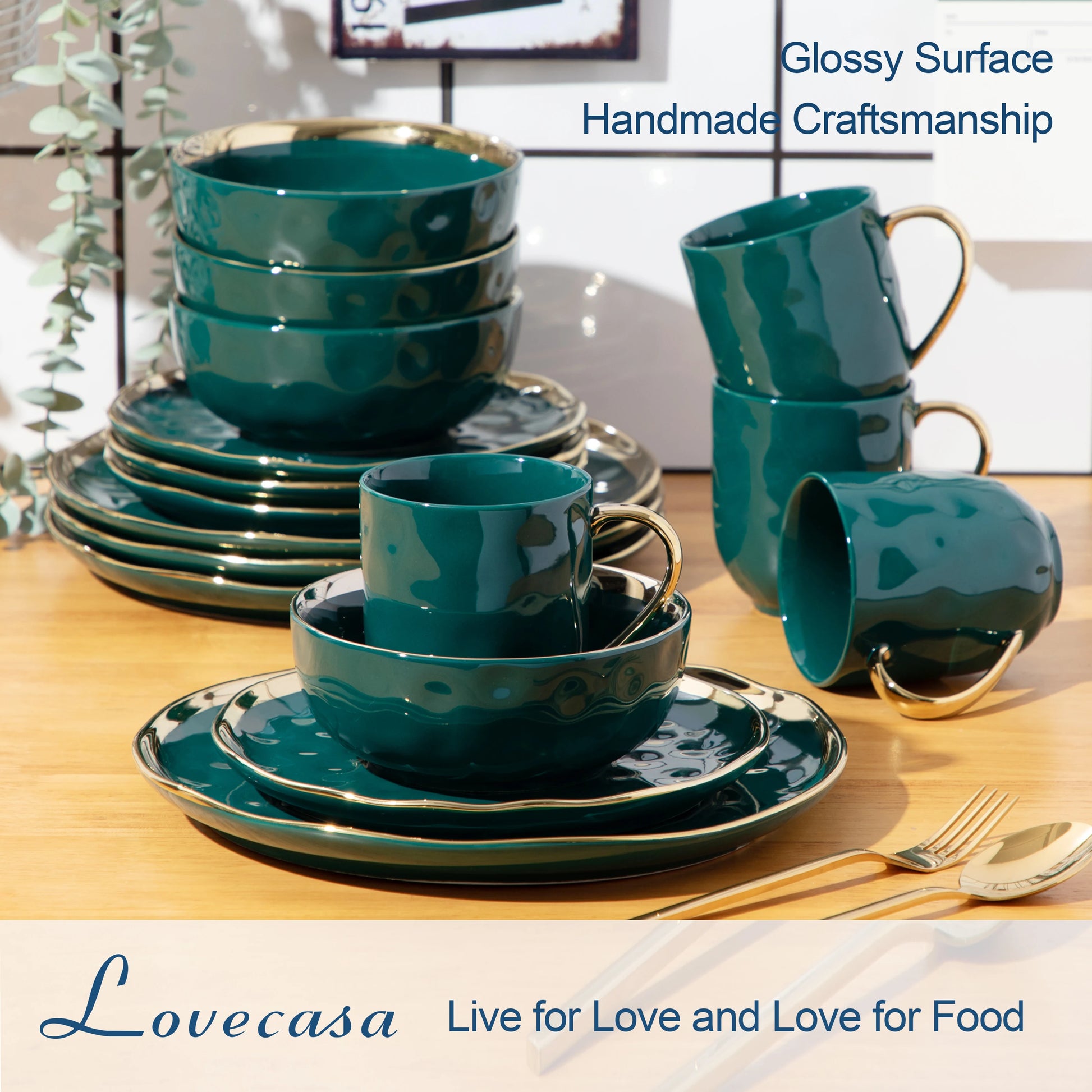 LOVECASA 16/32 Piece Green Porcelain Dinnerware Set with 4PCS Gold Trim Dessert Plate,Dinner Plate,Cup,Bowl Tableware Set