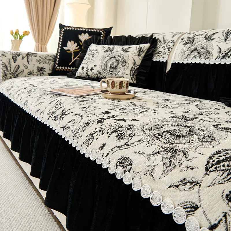 EIFLOY-French Chenille Sofa Slip Covers for Living Room, 3 Seater, Anti Slip, Corner Couch Cover, Armchair Protector, Ruffles