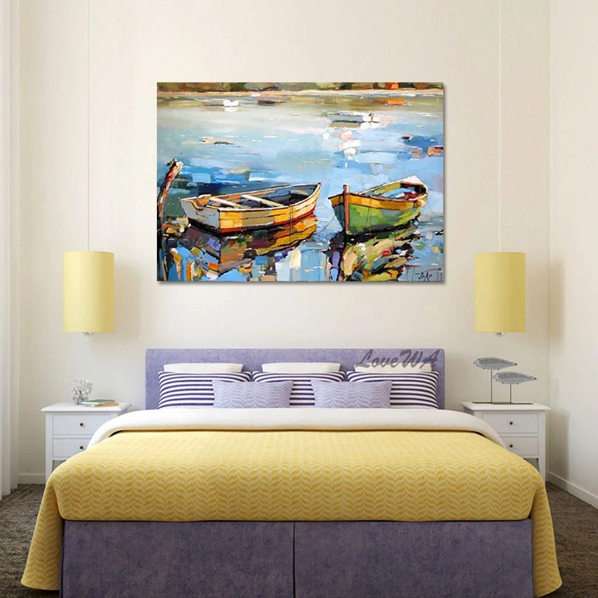 3d Boat Hand Drawing Decoration Wall Room Luxury Large Lakeside Painting Canvas Art Abstract Unframed Landscape Picture Artwork