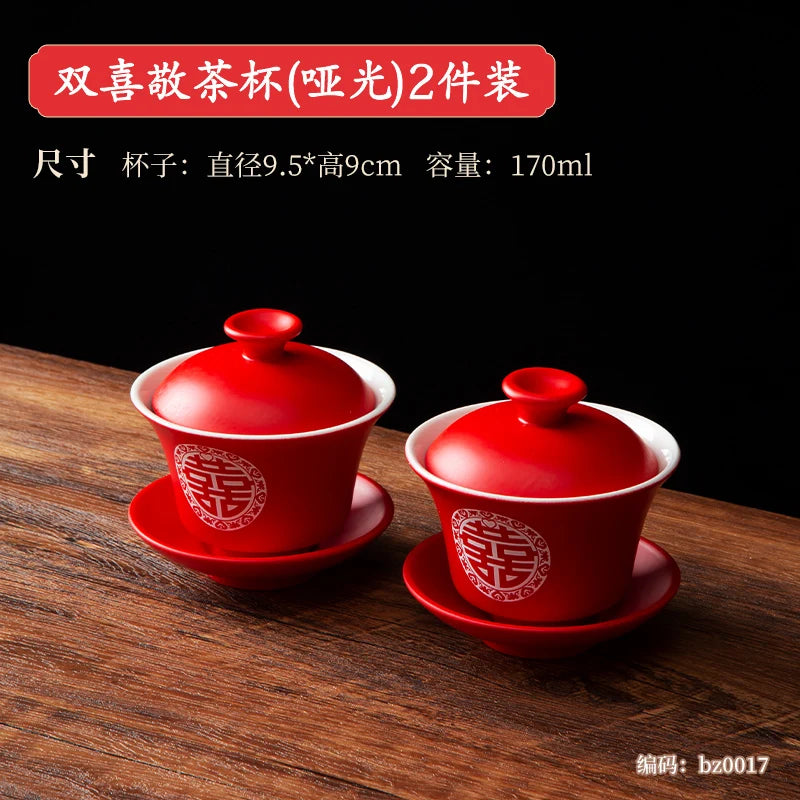 Chinese Wedding Tableware Set Joyful Red Ceramic Bowls Spoons Teacups Chopsticks Tray Wedding Supplies Gifts