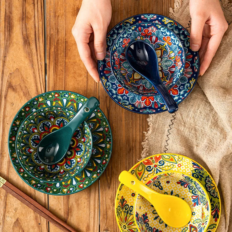 Ceramic Tableware Set Three-Piece Household Rice Bowl Plate Spoon Set Restaurant Hot Pot Barbecue Shop Commercial