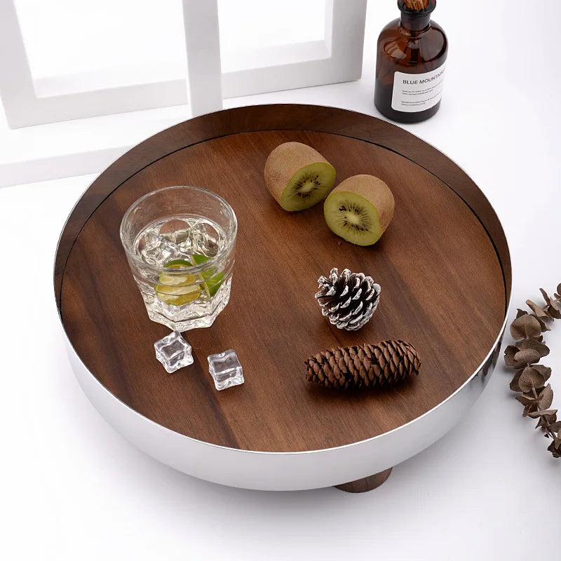 Mirror Stainless Steel Decorative Wooden Tray, Fruit Tray, Rectangular Metal Storage Tray with Handle, Desktop Storage Container