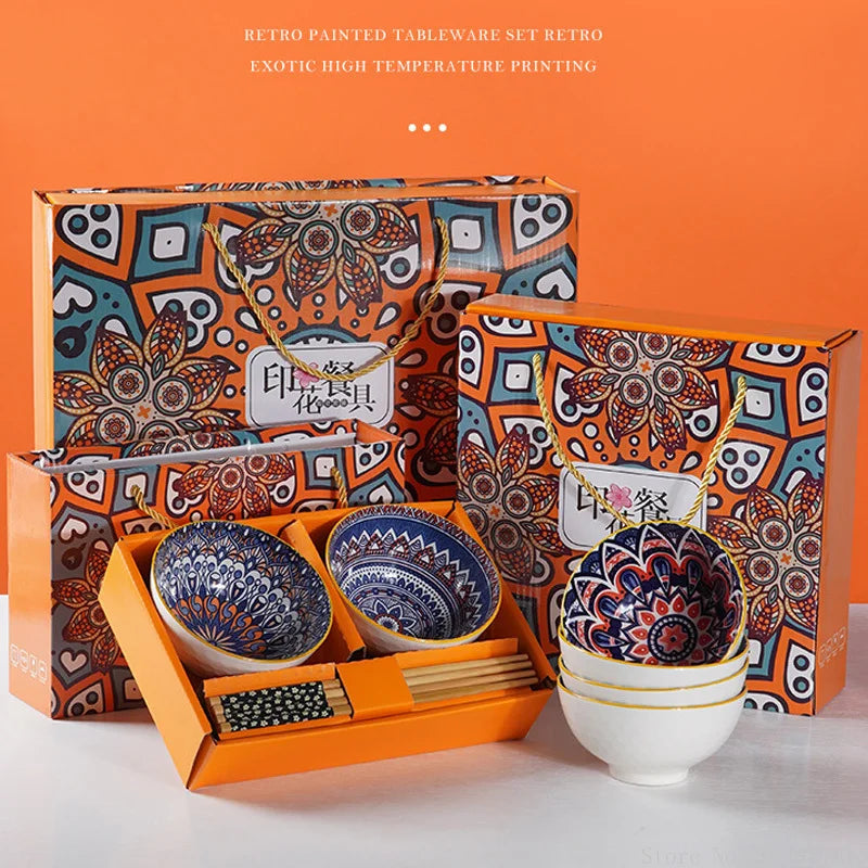 Bohemian creative handpainted ceramic tableware company opening gift kitchen supplies companion gift box bowl and chopsticks set