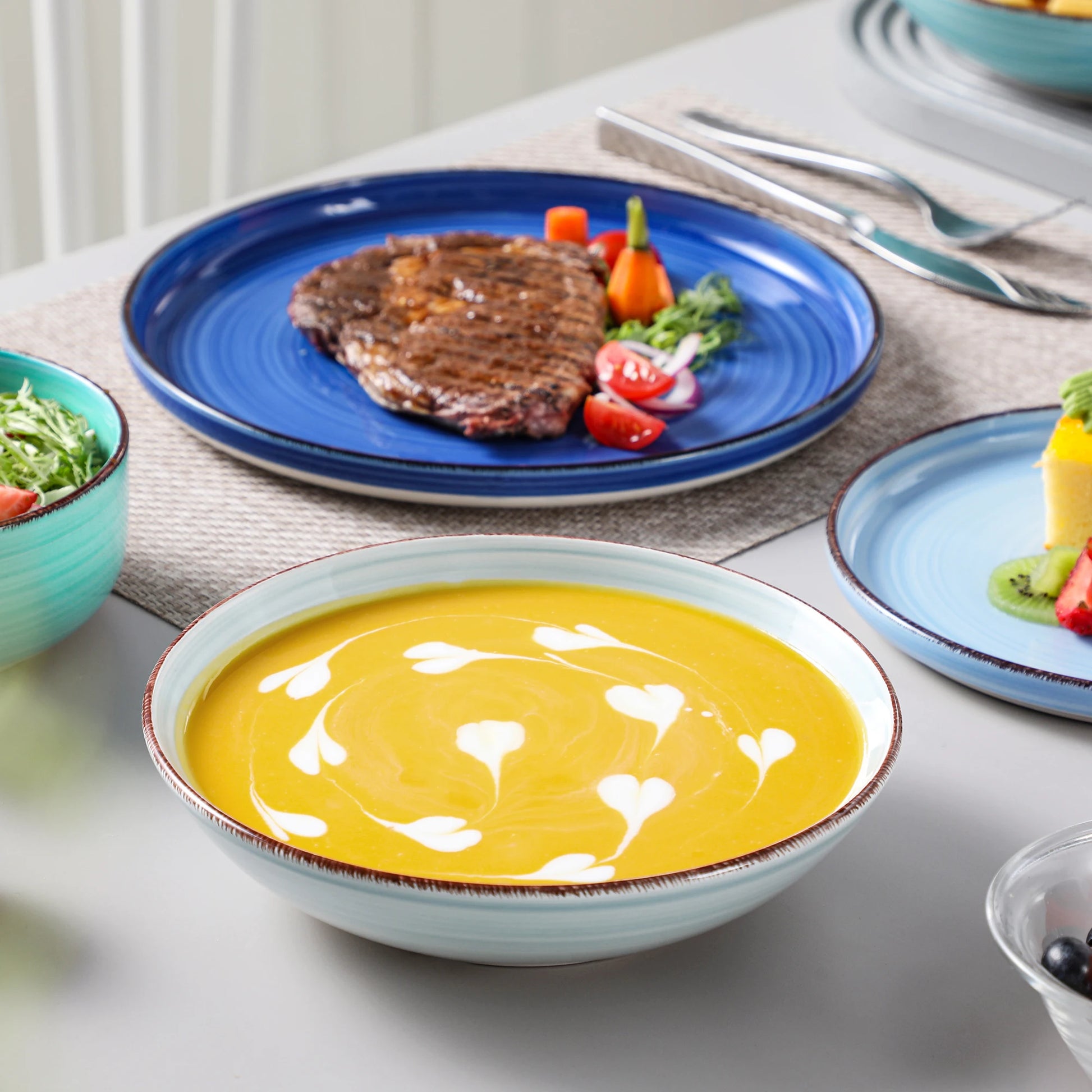 vancasso 12/18/24PCS Curved edge Dinnerware Set Color Handpainted Spirals Pattern 4/6PCS Dinner Plates/Dessert/Bowl/Soup Plates