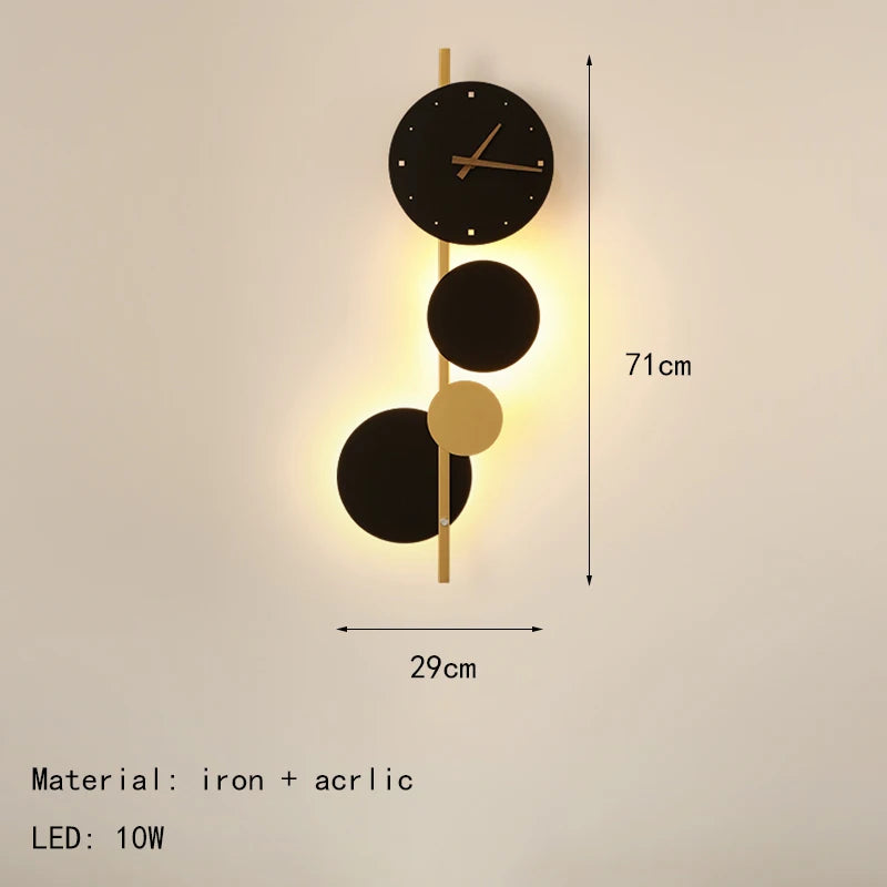 Nordic Creative  Acrylic Black Gold LED Clock  Wall Light Bedroom Dining Room Living Room Lighting Fixtures