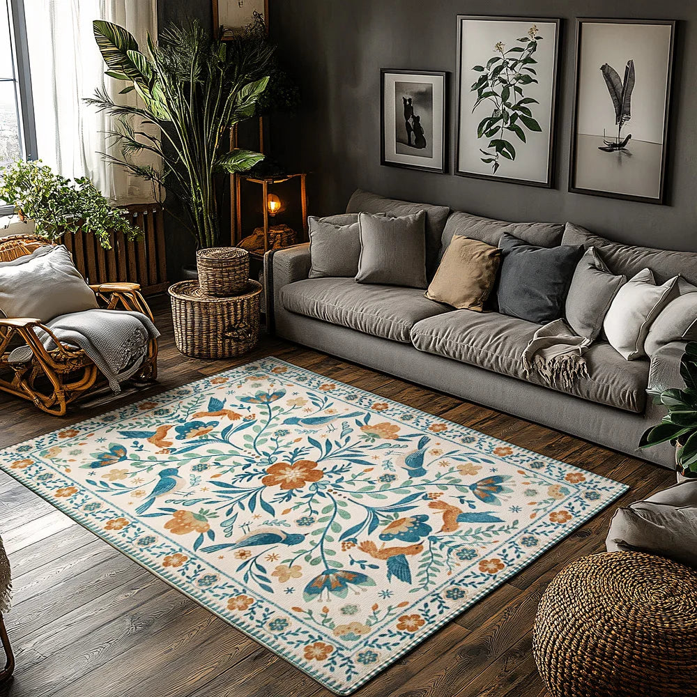 Cream Blue Green Floral Bohemian Rug, Orange Accent Non-Slip Living Room Carpet, Soft Vintage Style Home Decor Mat