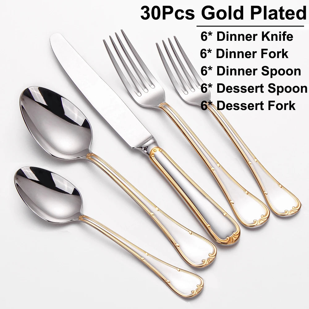 24/30 Pieces Gold Cutlery Set Complete Stainless Steel Tableaware Mirror Dinner Set Sliveware Knife Fork Spoon Kitchen Untensils