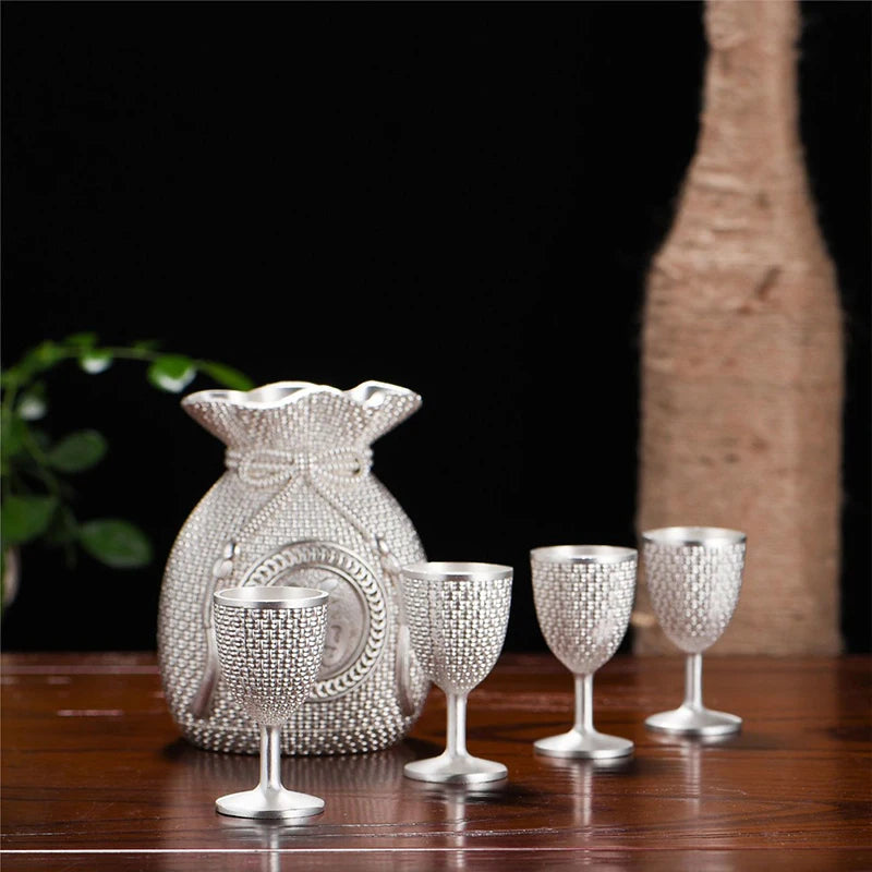 Baifu pure silver 99.9% nano electroplated silver wine set, creative wine glass and kettle set, creative home retro style wine