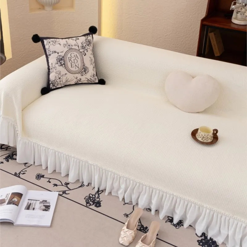 2024 French Country Sofa Cover Patchwork Stretchable Couch Protector Vintage Solid Color Cool Decor Throw Blanket Pleated lace