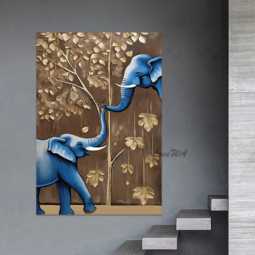 Elephant Design Animal Oil Paintings, No Framed, Gold Foil Textured Abstract Landscape Art Picture, Canvas Wall, High Qualitye