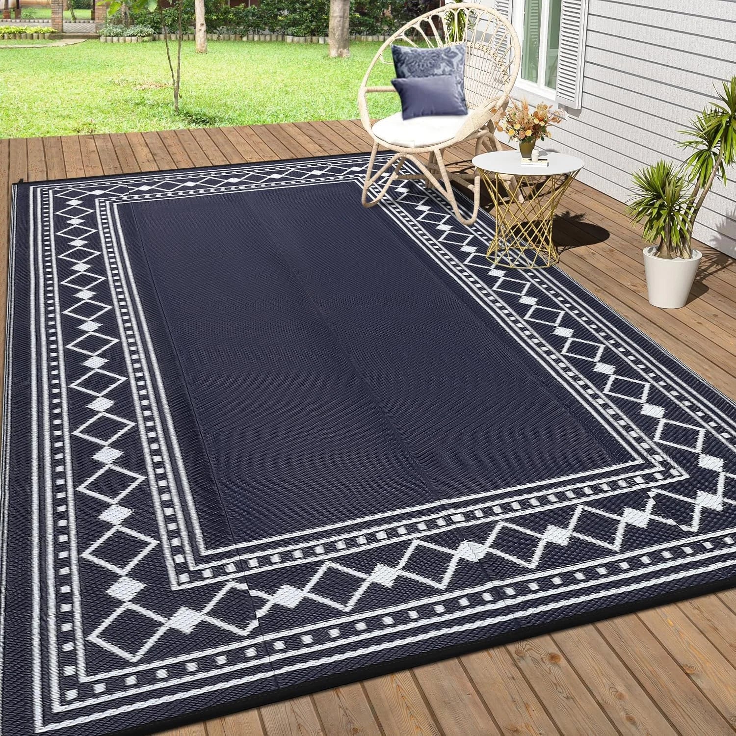 VIKAMA Waterproof Portable Garden Outdoor Rug Double-Sided Outdoor Carpet Camping Caravan Mat Modern Checkered Outdoor Rug