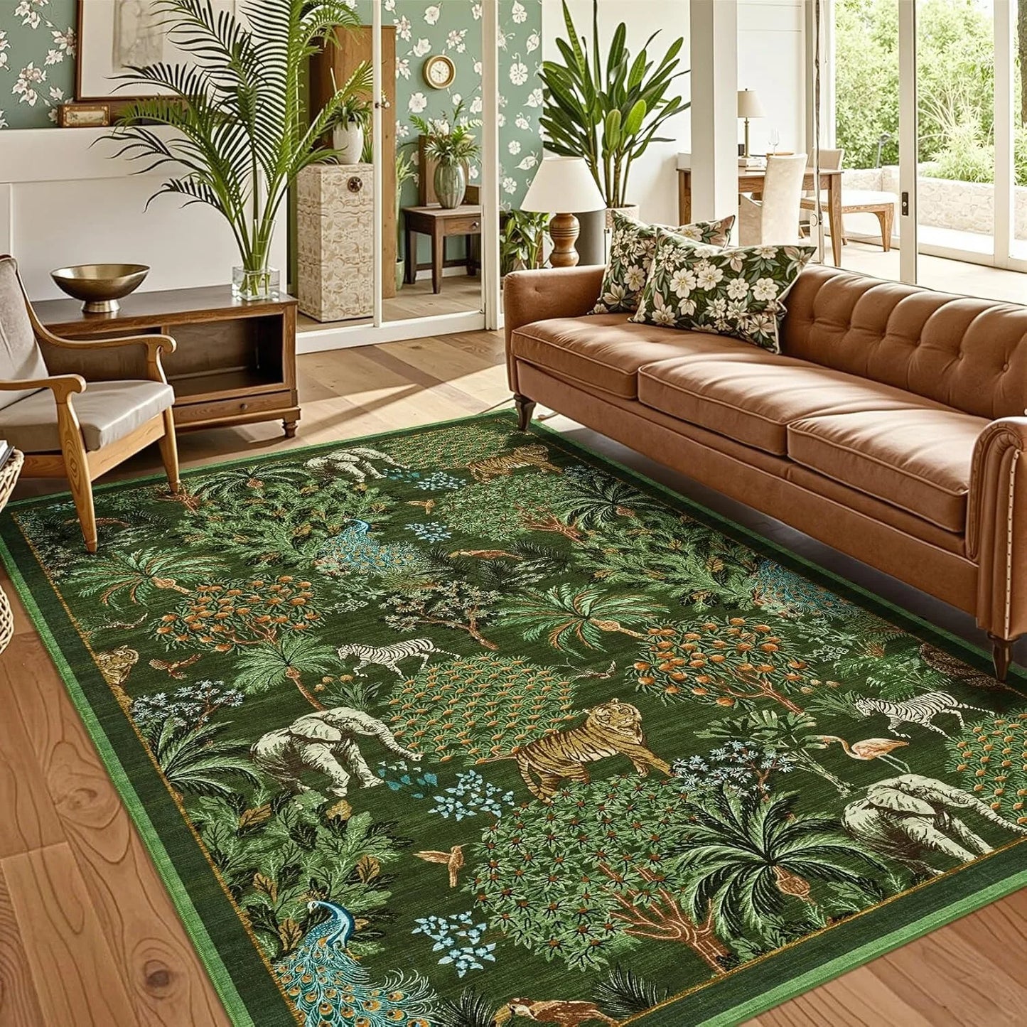 Large Living Room Carpet Soft Machine Washable Bedroom Bedside Rug Jungle Pattern Animal Print Short Velvet Non-slip Floor Mat