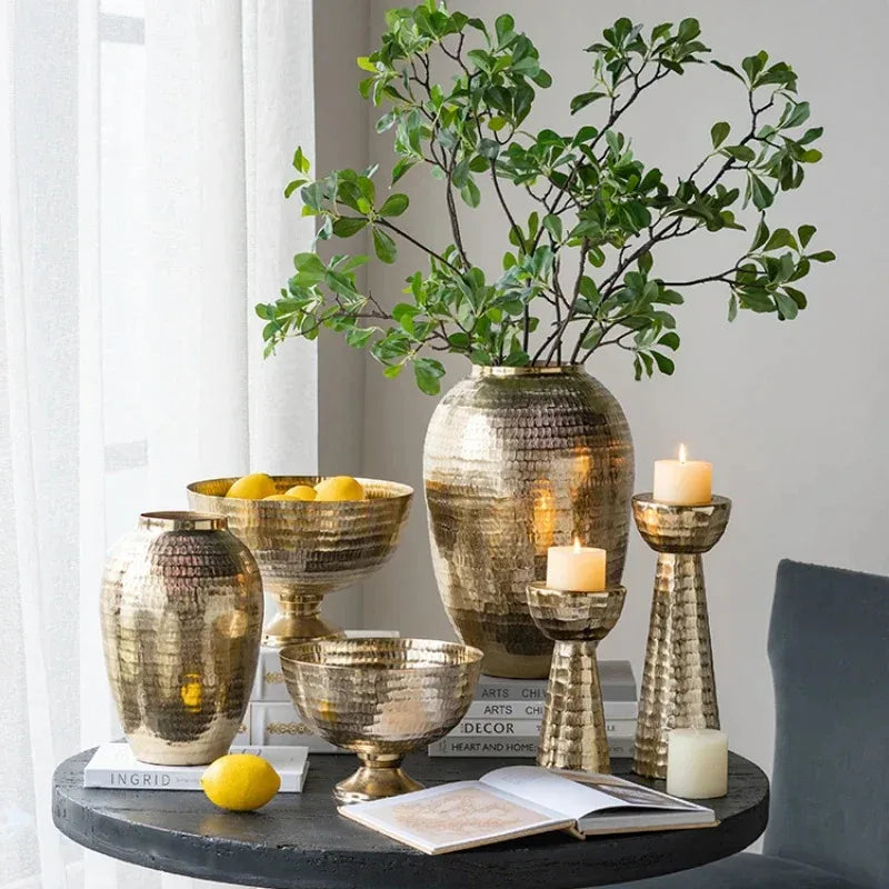 Gold candle holder aluminum hammered pattern decorative bowl round vase vintage home décor living room dining home flower vessel