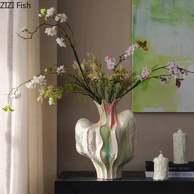 Flower Bud Shape Ceramic Vase Creative Painted Plant Pots Table Decoration Flowers Arrangement Floral Vases Room Aesthetic Decor