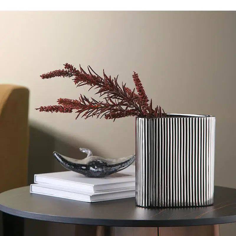 Silver-plated Vertical Grain Ceramic Vase Desk Decoration Geometric Shape Floral Vases Flower Pots Decorative Arrangement