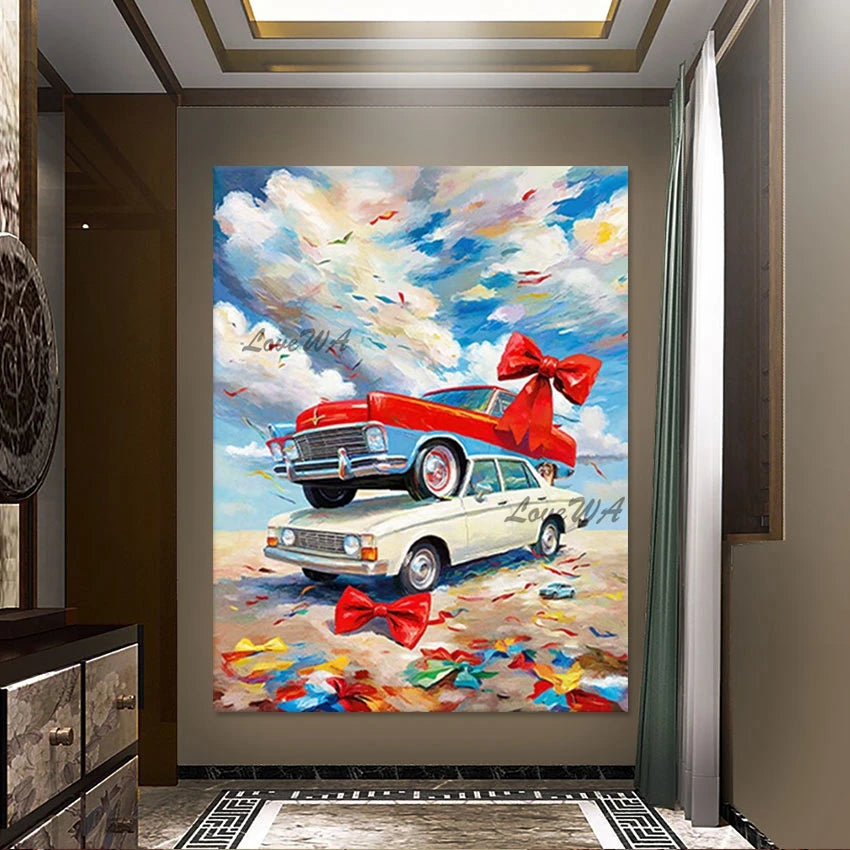 3d Car Landscape Art Picture Cartoon Oil Paintings Frameless Bright In Colour Design Abstract Canvas Wall Decoration Piece