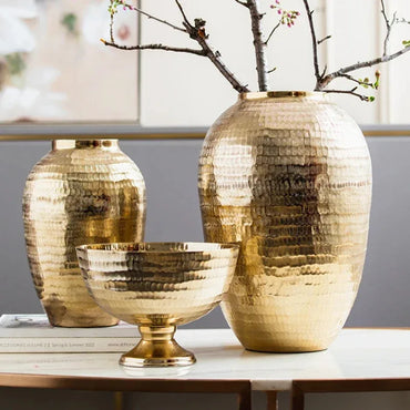 Gold candle holder aluminum hammered pattern decorative bowl round vase vintage home décor living room dining home flower vessel