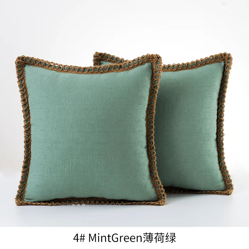 Solid Color Cotton Linen Pillow Cover with Jute Rope Trim Boho Decorative 45x45cm Cushion Pillow Case for Sofa Bed Living Room