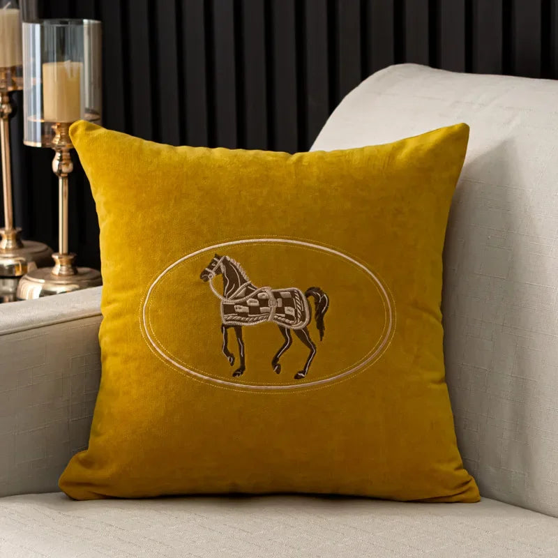Elegant American Hand-Embroidered Cushion Cover with Horse Design, Perfect for Sofa Home Office Living Room or Car Size 45x45cm