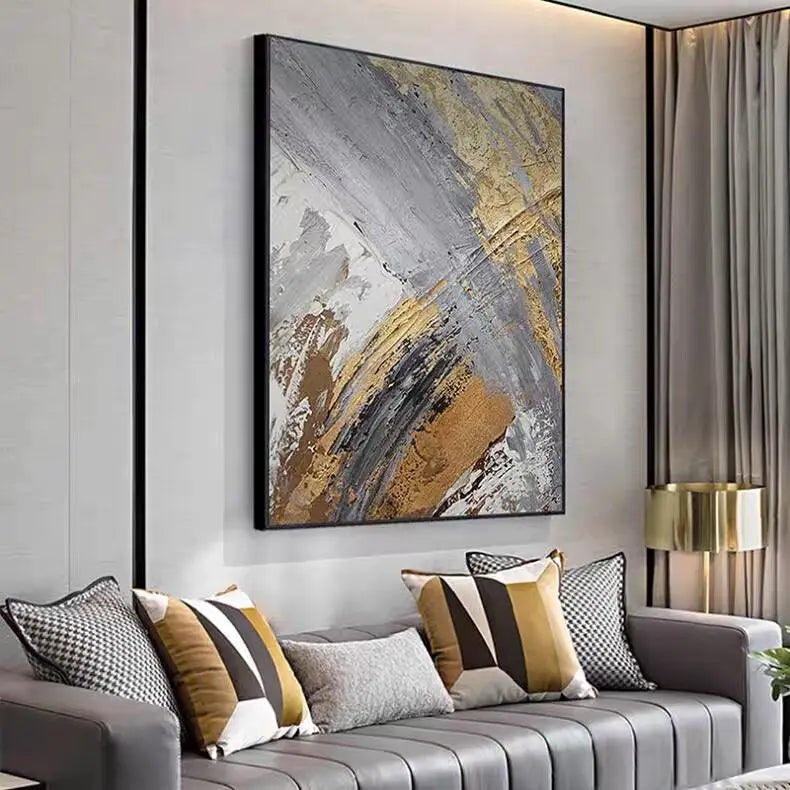 Gold Leaf Oversize Modern Picture Art, Handmade Abstract Oil Painting on Canvas, Wall Art for Living Room, Home Decor, No Frame