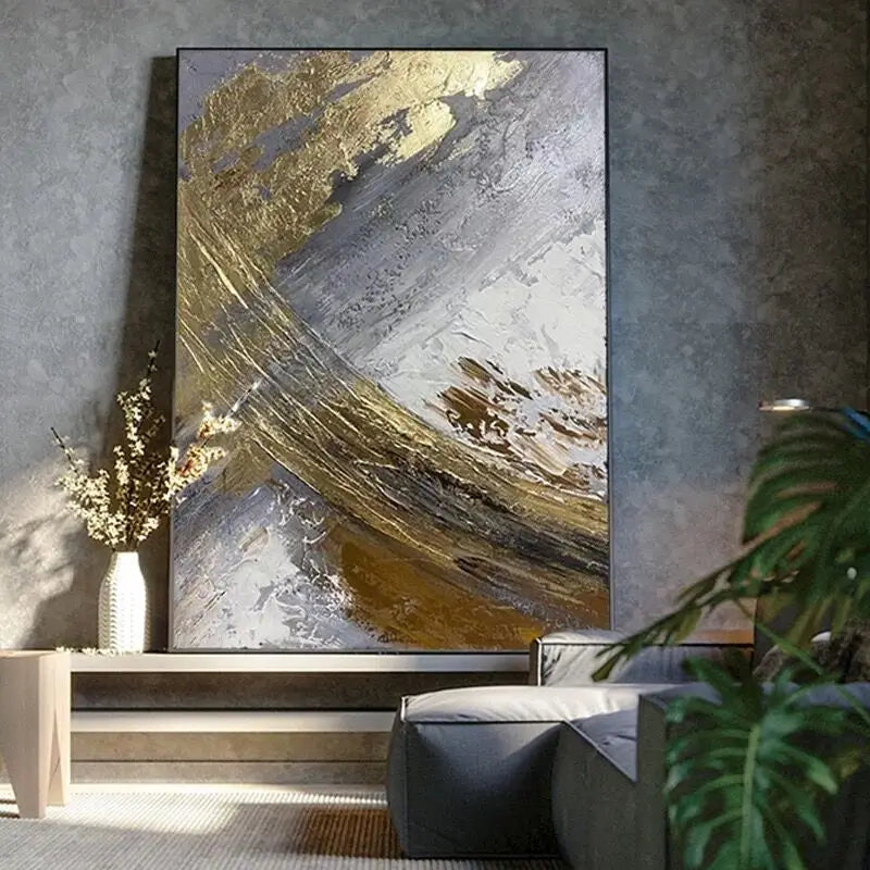 Gold Leaf Oversize Modern Picture Art, Handmade Abstract Oil Painting on Canvas, Wall Art for Living Room, Home Decor, No Frame