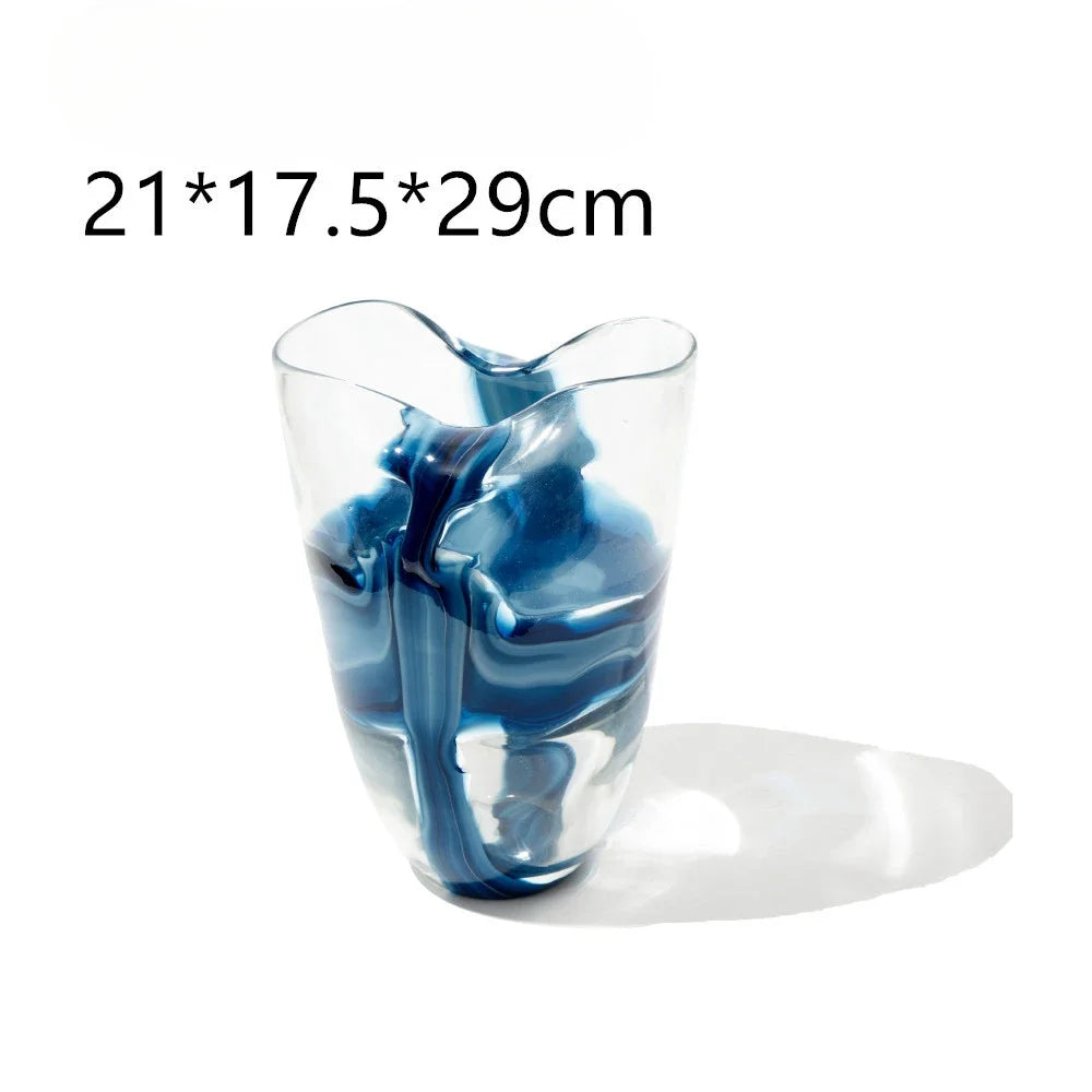 Nordic Style Handmade Transparent Pleated Blue Phoenix Tail Glass Vase Flower Table Model Room Living Room Decoration Flower Pot
