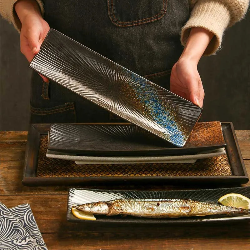 border sushi  Japanese ceramic tableware, Western cuisine ,creative autumn knife fish  boat shaped vegetable  rectangular plates