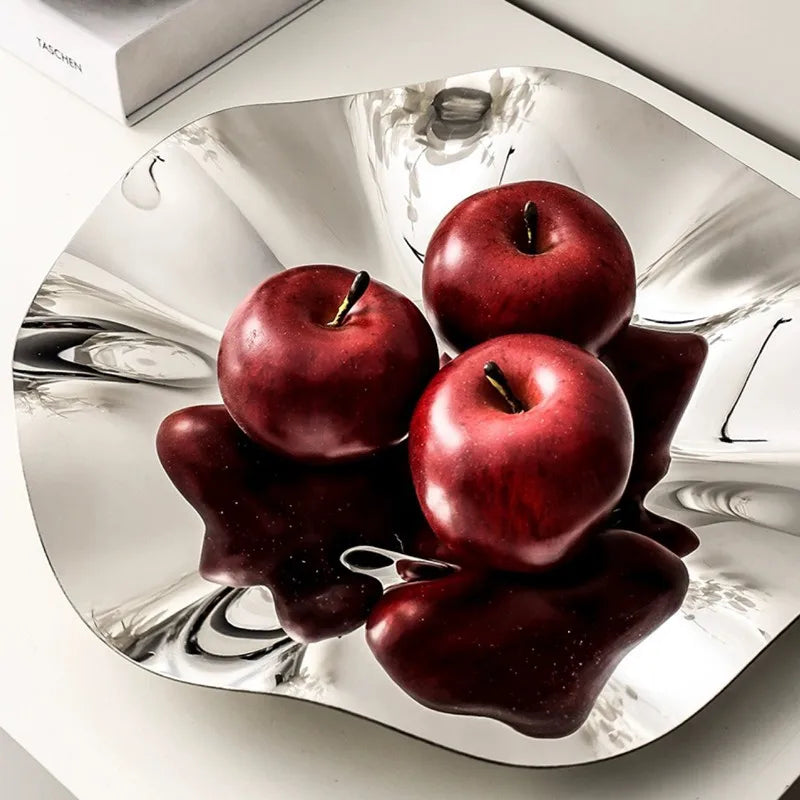 Deluxe Silver Stainless Steel Fruit Tray, Wavy Art Tray, Living Room Table Storage Box, Stainless Steel Decorative Tableware