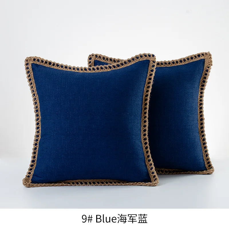 Solid Color Cotton Linen Pillow Cover with Jute Rope Trim Boho Decorative 45x45cm Cushion Pillow Case for Sofa Bed Living Room