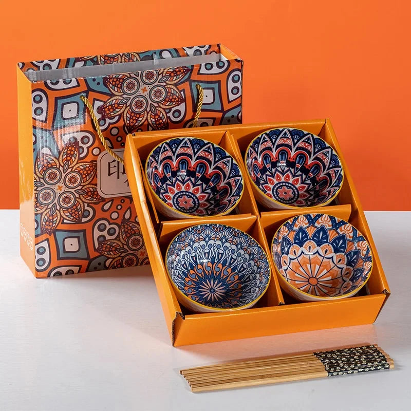 Bohemian creative handpainted ceramic tableware company opening gift kitchen supplies companion gift box bowl and chopsticks set