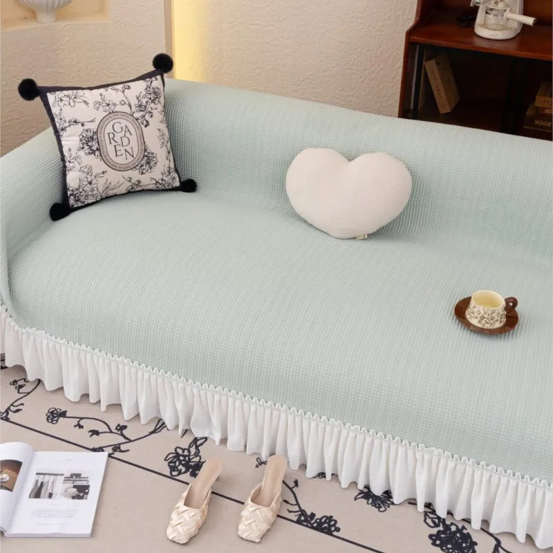 2024 French Country Sofa Cover Patchwork Stretchable Couch Protector Vintage Solid Color Cool Decor Throw Blanket Pleated lace
