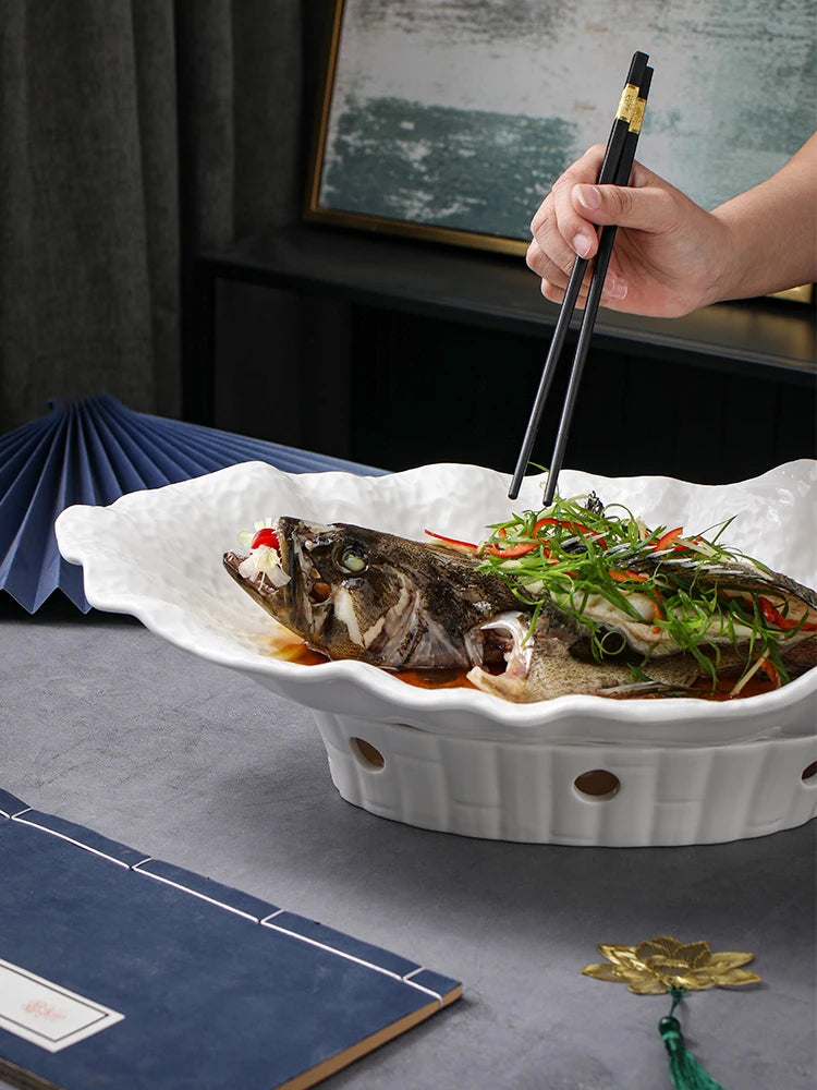 Large Irregular Fish Plate Household Cauldron Bowl Heating and Insulation Plate Ceramic Hotel Tableware Soup Plate