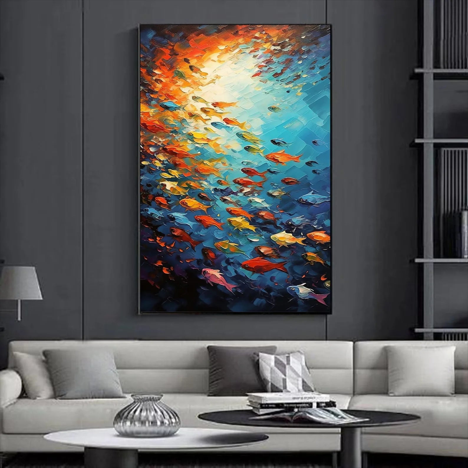 Dafeng Oil Painting Unframed Huge Handmade Abstract Oil Painting on Canvas Wall Art Home Decoration Shoal of Fish Picture Art