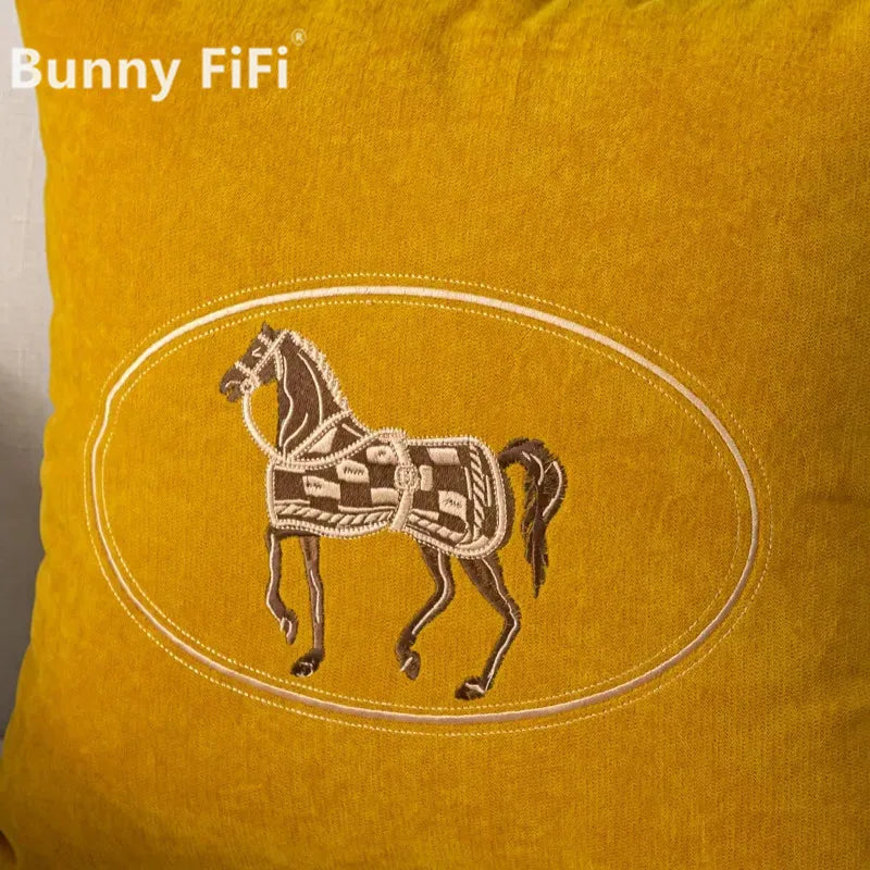 Elegant American Hand-Embroidered Cushion Cover with Horse Design, Perfect for Sofa Home Office Living Room or Car Size 45x45cm