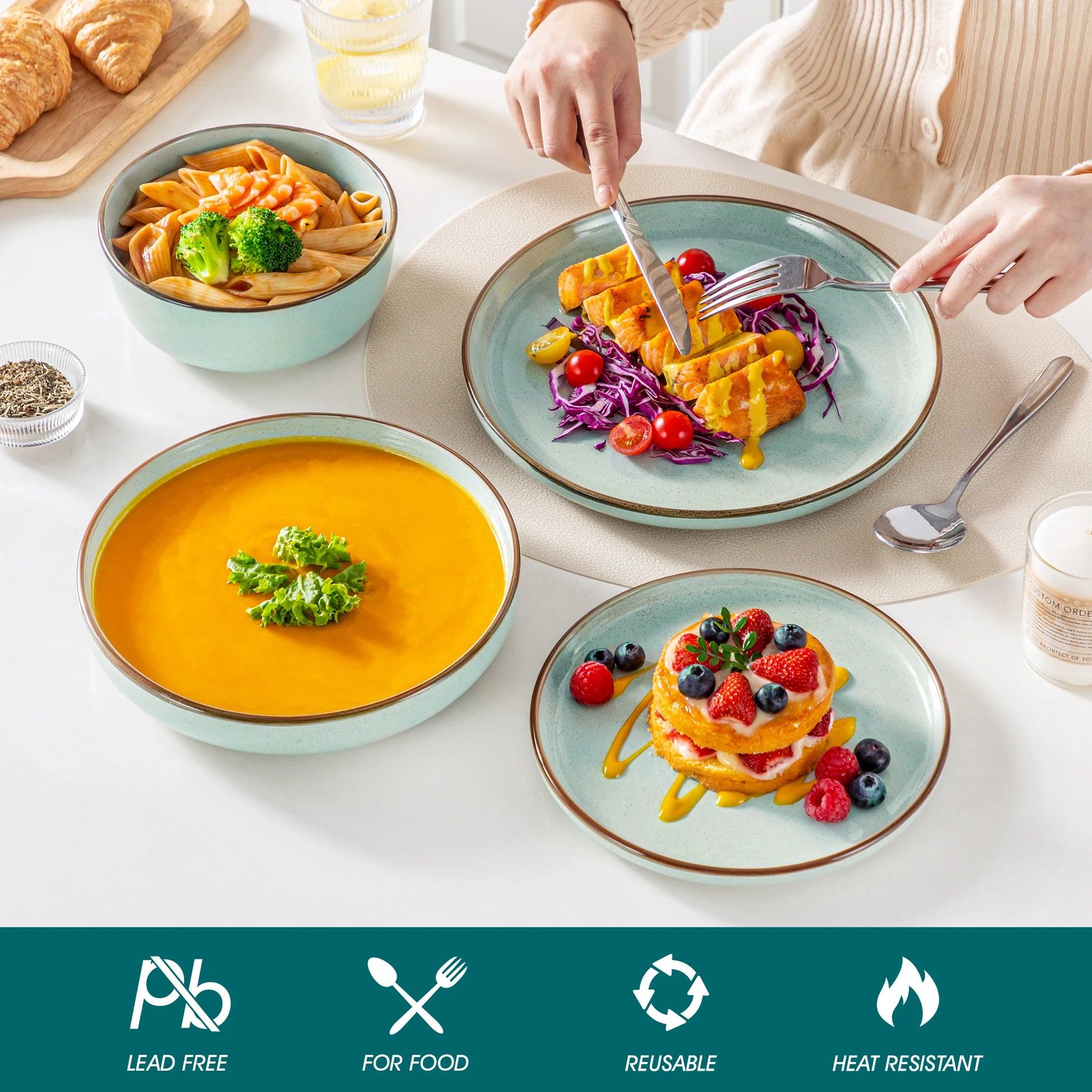 vancasso LOIRE 16/32 Piece Green Ceramic Dinnerware Set Oven Safe Stoneware Set with 4 PCS Dinner Plate/Dessert Plate/Soup/ Bowl